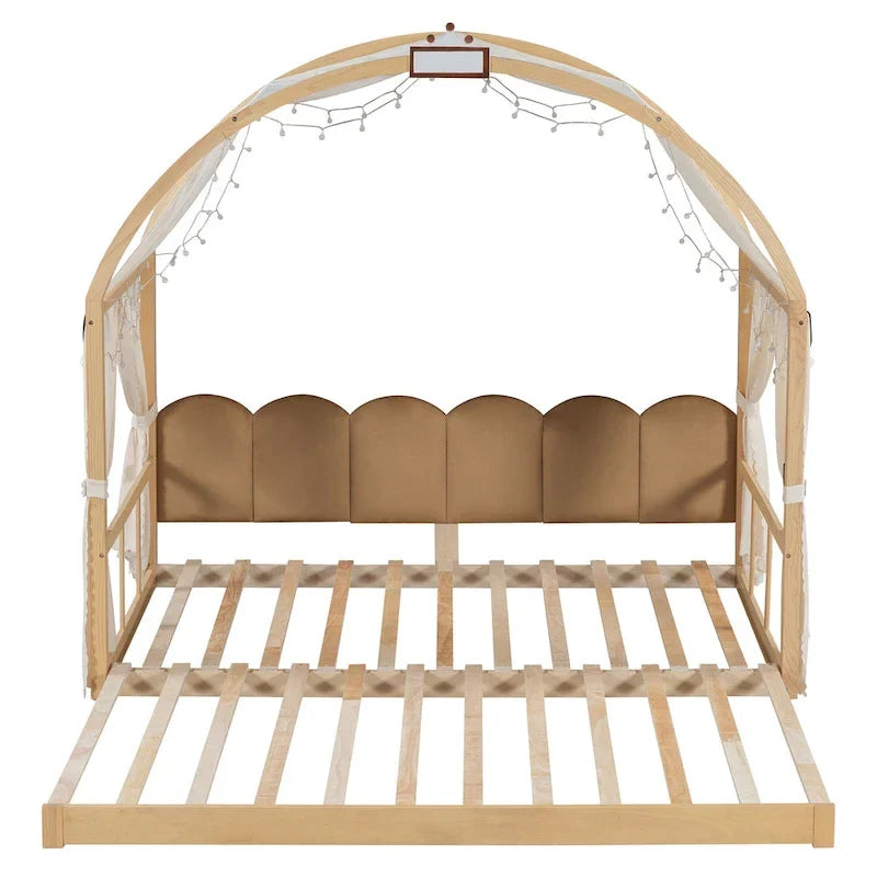 Lit cabane Montessori en bois massif avec plateforme, toit voûté et lit gigogne pour filles et garçons