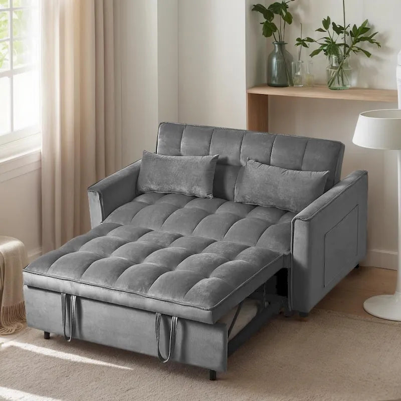 Causeuse futon moderne en velours avec dossier inclinable et poches, 2 places ??Gris foncé / Gris clair / Bleu / Noir