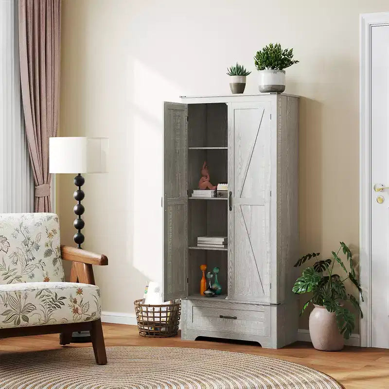 HOMCOM Armoire de garde-manger de ferme de 183 cm avec portes de grange, meuble de rangement de cuisine haut avec étagères réglables et tiroir