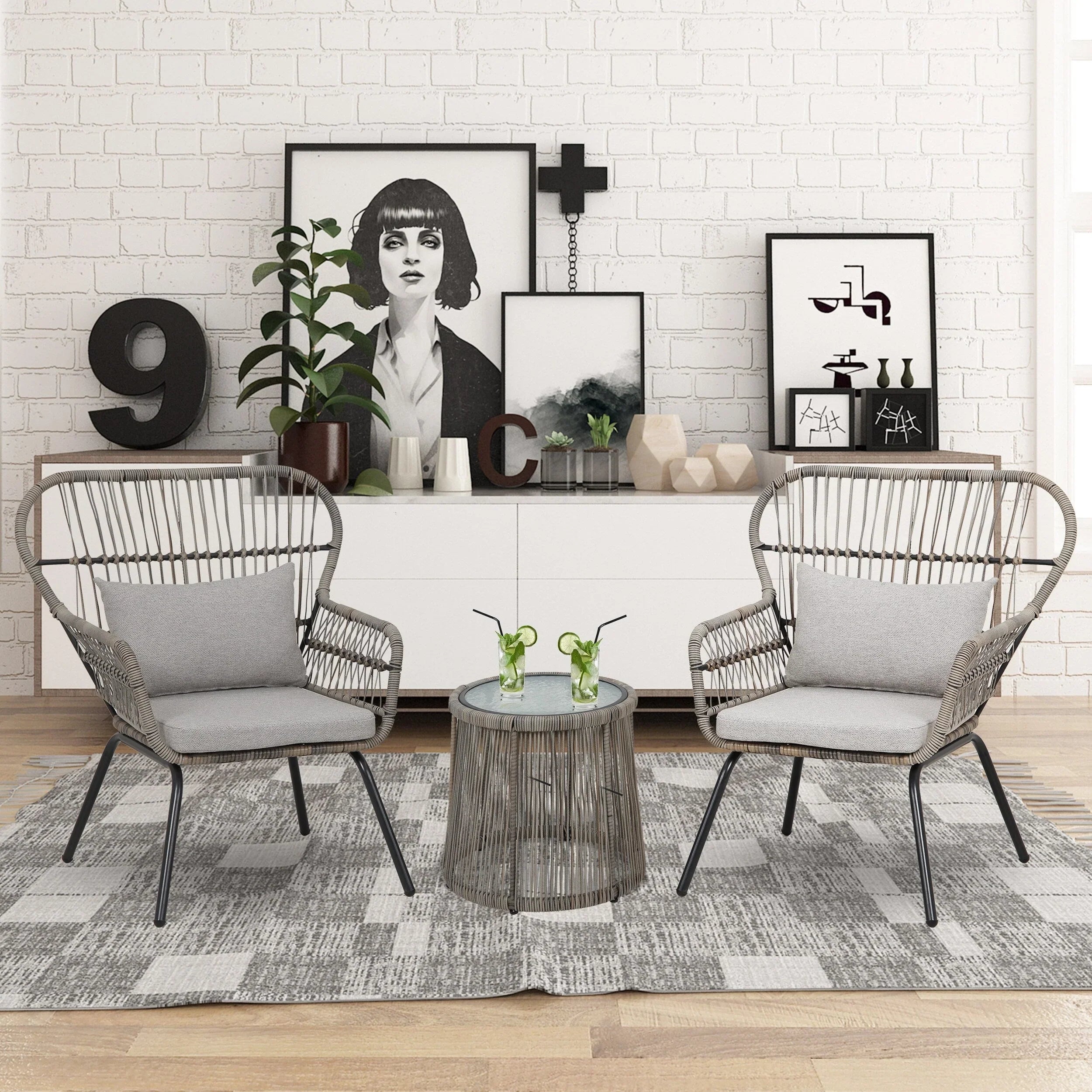Ensemble bistrot 3 pièces en osier pour conversation, salon de jardin en rotin résistant aux intempéries avec coussins