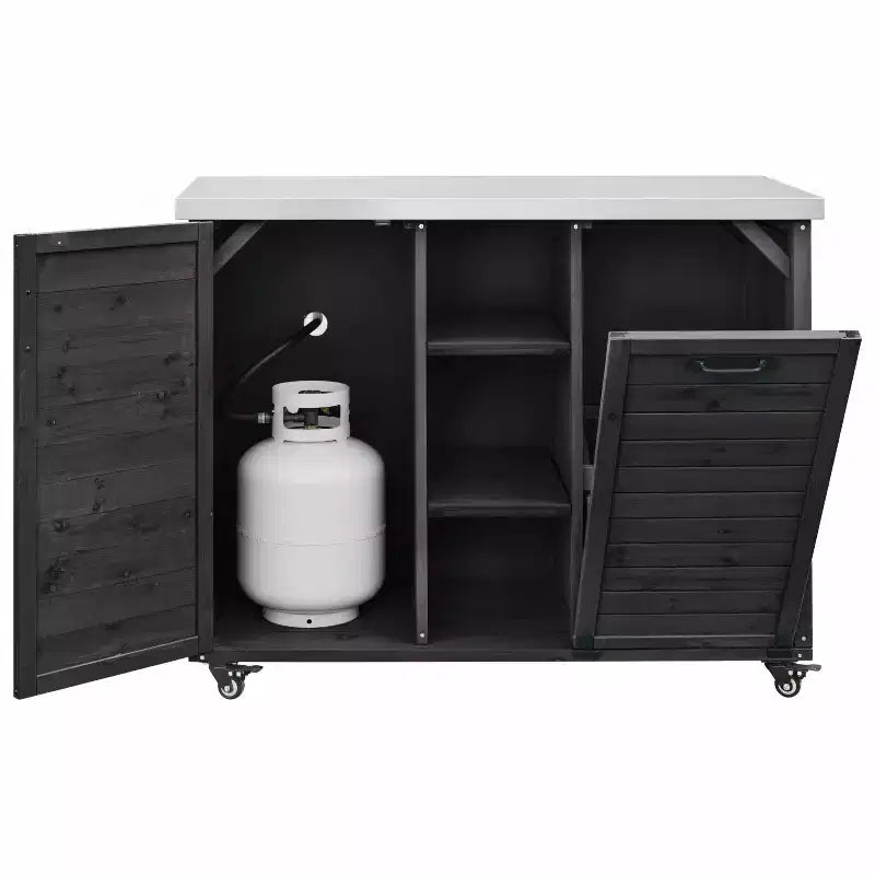 Îlot de cuisine extérieure de 198,9 cm avec comptoir en acier inoxydable, station de barbecue pliable et armoires de rangement, noir