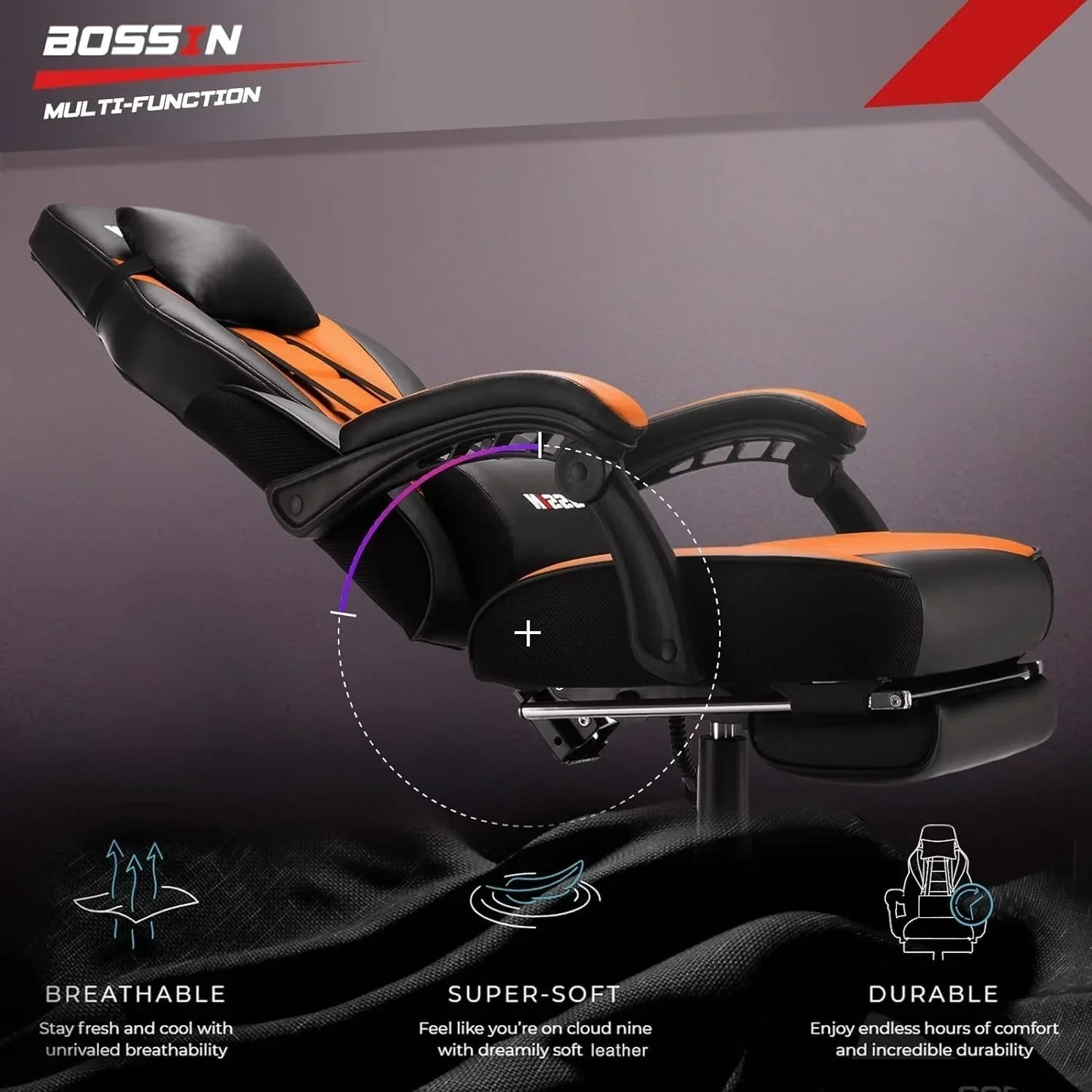 Chaise de jeu style course BOSSIN, fauteuil gamer grande taille 300 lb, chaise d'ordinateur à dossier haut