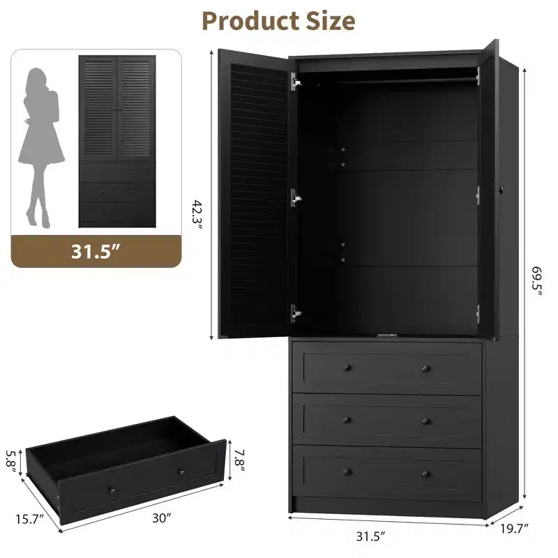 COZONY Armoire penderie avec 3 tiroirs et 2 portes, Placard de rangement moderne en bois pour chambre à coucher, Armoire sur pied blanche robuste