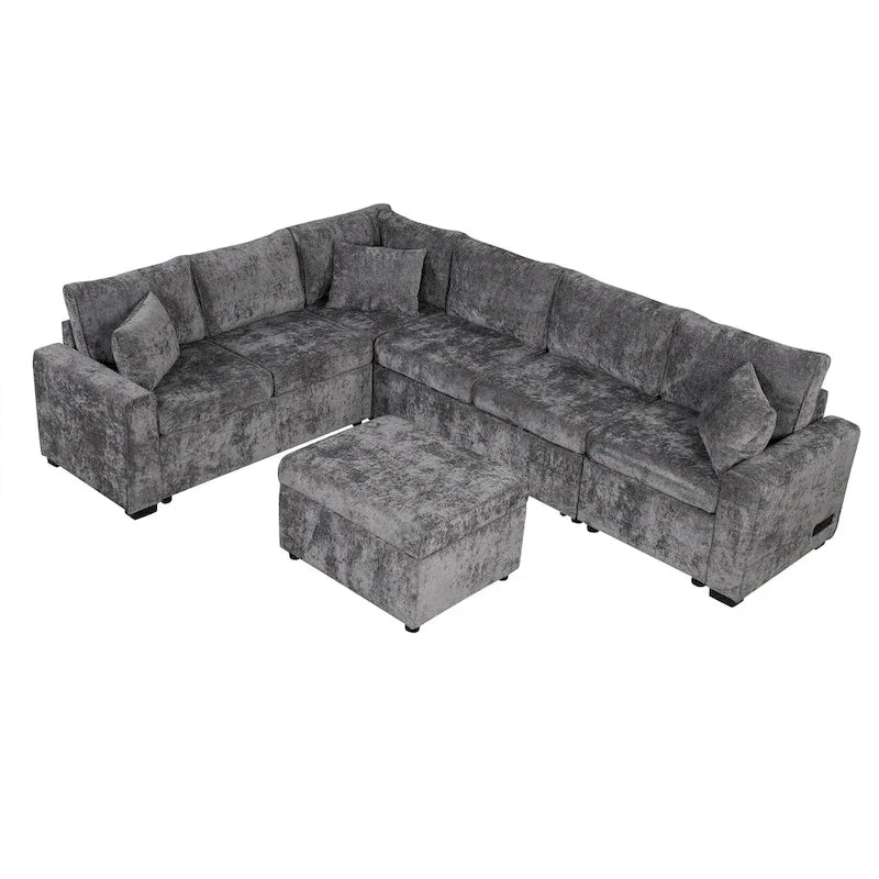 Canapé d'angle en chenille convertible, canapé-lit en forme de L avec pouf de rangement, 3 oreillers et dispositifs de charge