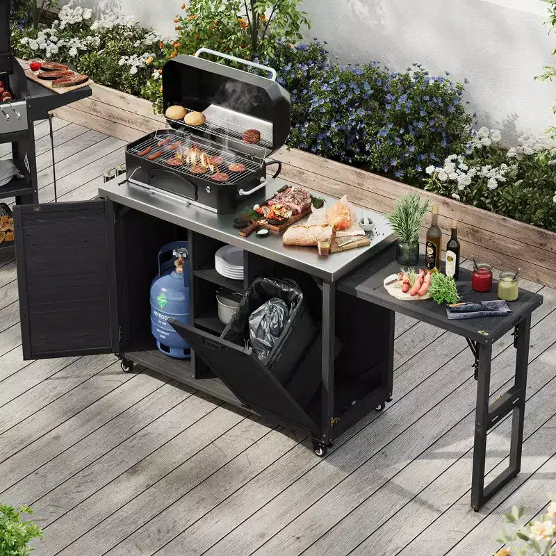 Îlot de cuisine extérieure de 198,9 cm avec comptoir en acier inoxydable, station de barbecue pliable et armoires de rangement, noir