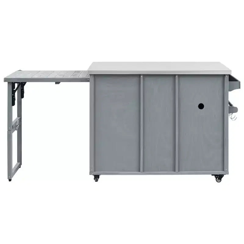 Îlot de cuisine d'extérieur FAMYYT de 198,9 cm avec comptoir en acier inoxydable, station de barbecue pliable et armoires de rangement, Bleu Gris