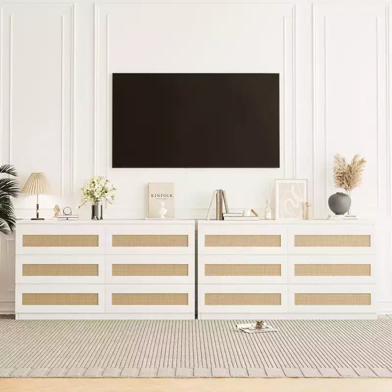 Commode en rotin pour chambre à coucher avec 6 tiroirs, 47 commode large moderne de style ferme, armoire de rangement en bois pour placard, salon, couloir