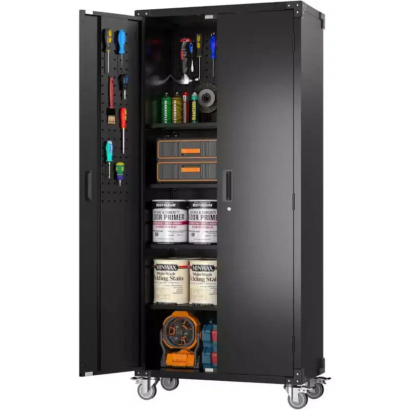 Armoire de rangement de garage avec roues et panneau perforé, armoire de rangement métallique verrouillable de 72 po de hauteur avec 2 portes et 4 étagères réglables pour atelier de garage