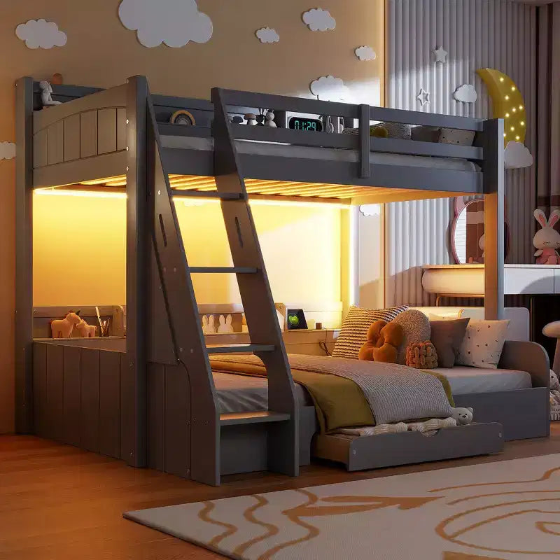 Lit superposé double sur toute la longueur avec rangement, lumières LED et station de charge, lit superposé en bois avec étagères latérales pour enfants et adolescents