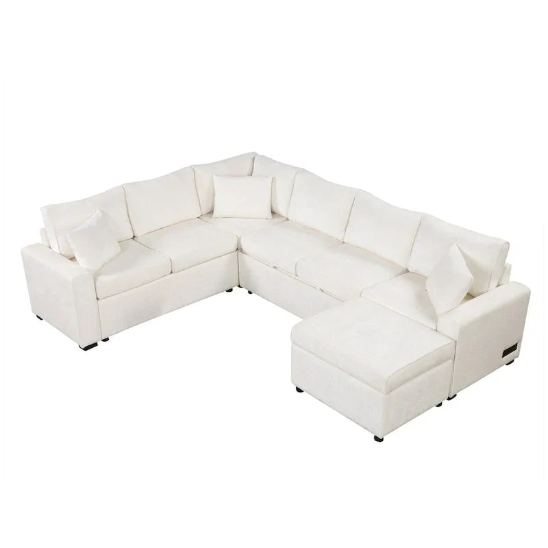 Canapé d'angle en chenille convertible, canapé-lit en forme de L avec pouf de rangement, 3 oreillers et dispositifs de charge