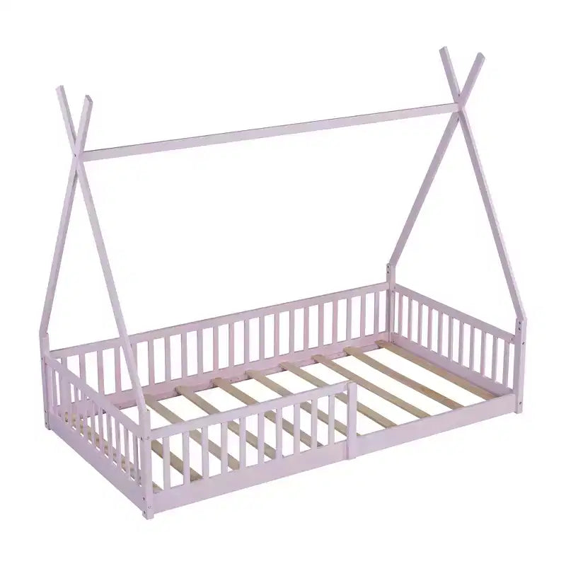 Lit de sol pour enfants, lits cabane doubles, lit de sol Montessori avec lattes et barrières de protection, cadre de lit cabane en bois pour garçons et filles