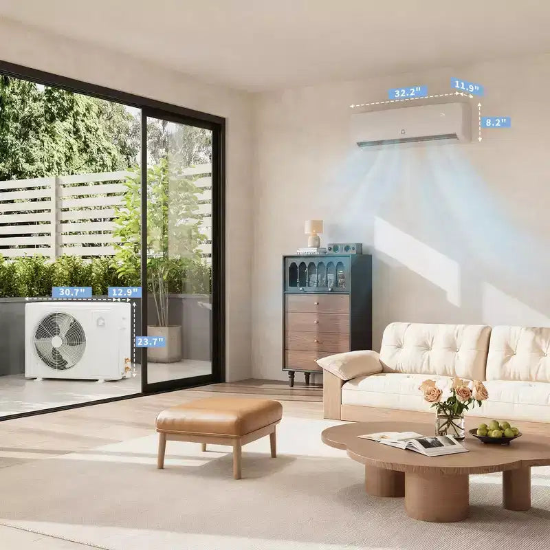 Climatiseur sans conduit bibloc ultra silencieux 42 dB | 12000 BTU 19 SEER avec pompe à chaleur | 3-en-1 : refroidissement, chauffage et déshumidification | Système de climatisation à onduleur 230 V blanc
