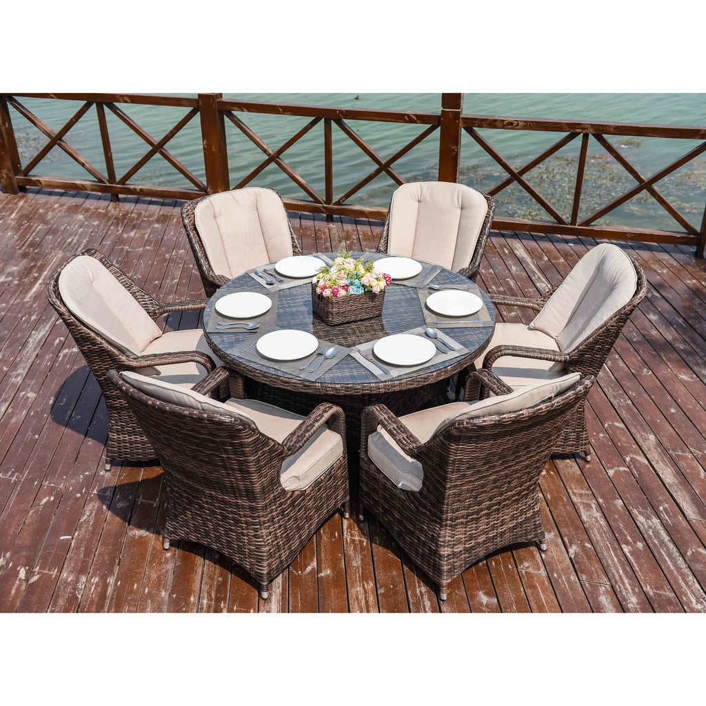 Ensemble de salle à manger rond 7 pièces en rotin tressé d'extérieur avec coussins par Moda Furnishings