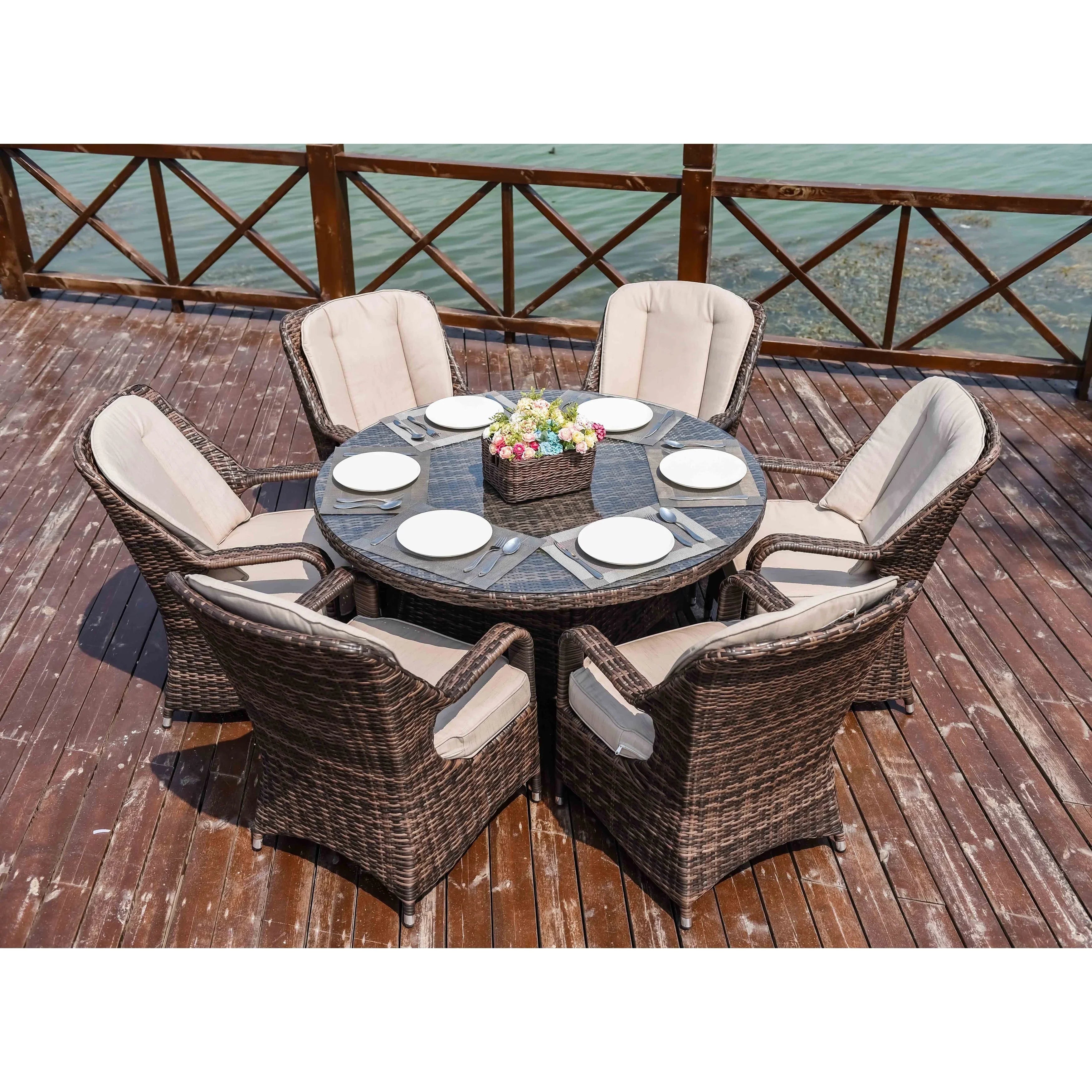 Ensemble de salle à manger rond 7 pièces en rotin tressé d'extérieur avec coussins par Moda Furnishings