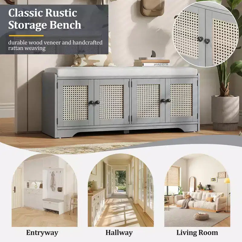 Banc de rangement rustique en bois Whisen, banc à chaussures d'entrée avec coussin amovible, étagères réglables