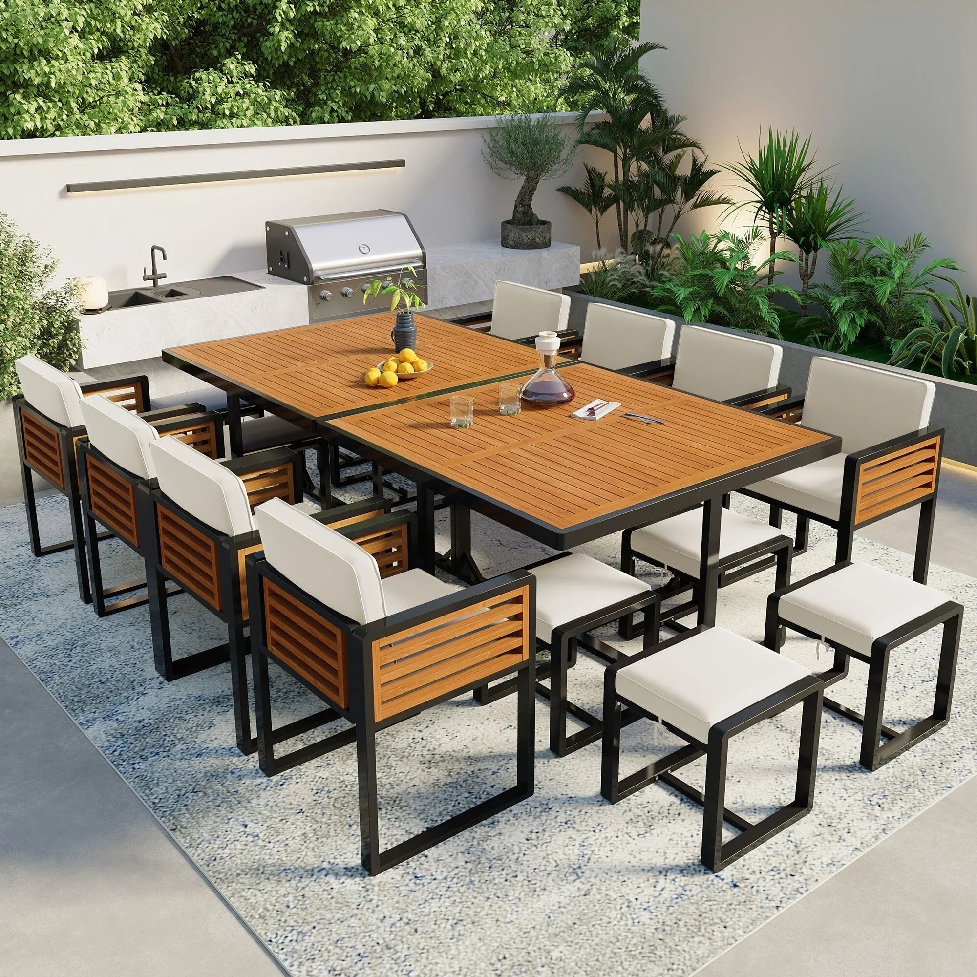 Ensemble de salle à manger d'extérieur 18 pièces en bois d'acacia, 8 chaises rembourrées, 8 poufs et 2 tables carrées