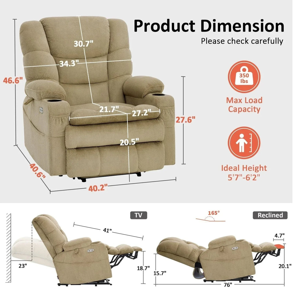 Fauteuil inclinable électrique double moteur grand et large MCombo avec massage et double chauffage pour personnes âgées de grande taille, tissu R7635