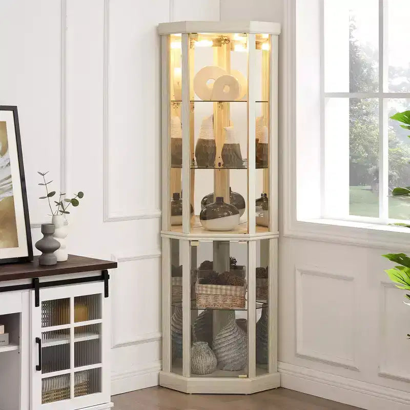 Vitrine d'angle avec portes et étagères en verre, Meuble de présentation d'angle pour salon
