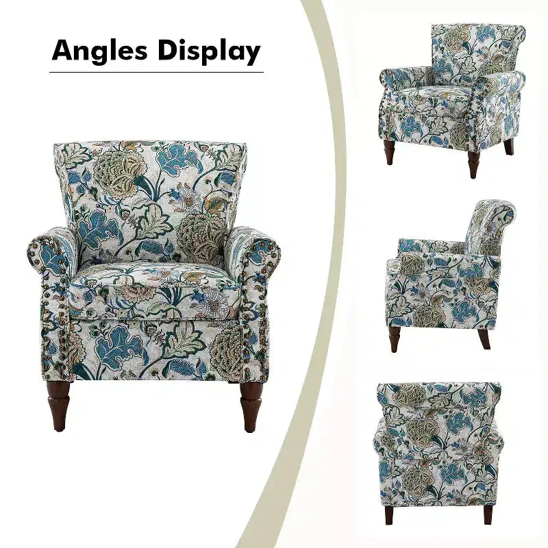 Fauteuil en bois traditionnel Araceli, rembourré à motifs floraux, avec dossier à oreilles et garniture cloutée | ART OF LIVING DESIGNS