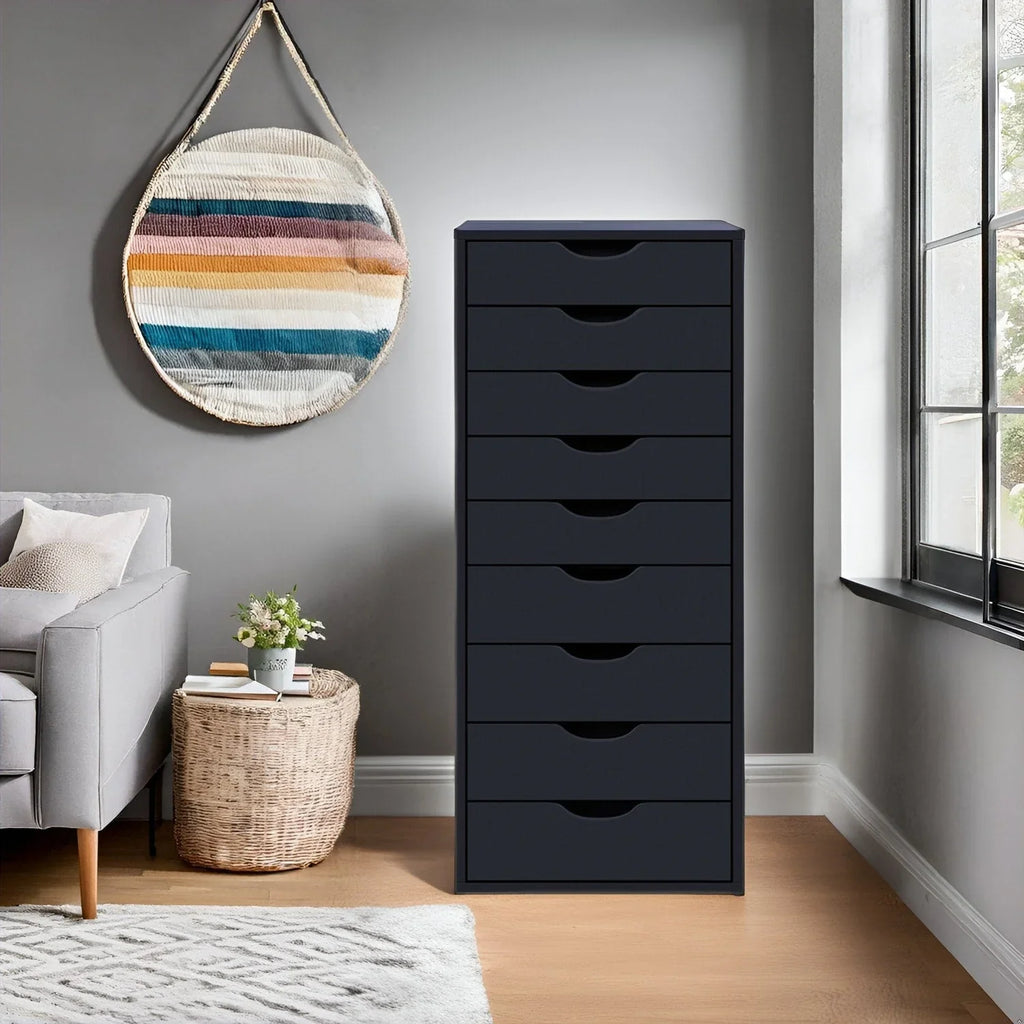 Étroite commode en bois à 9 tiroirs coulissants et étagère de rangement supérieure