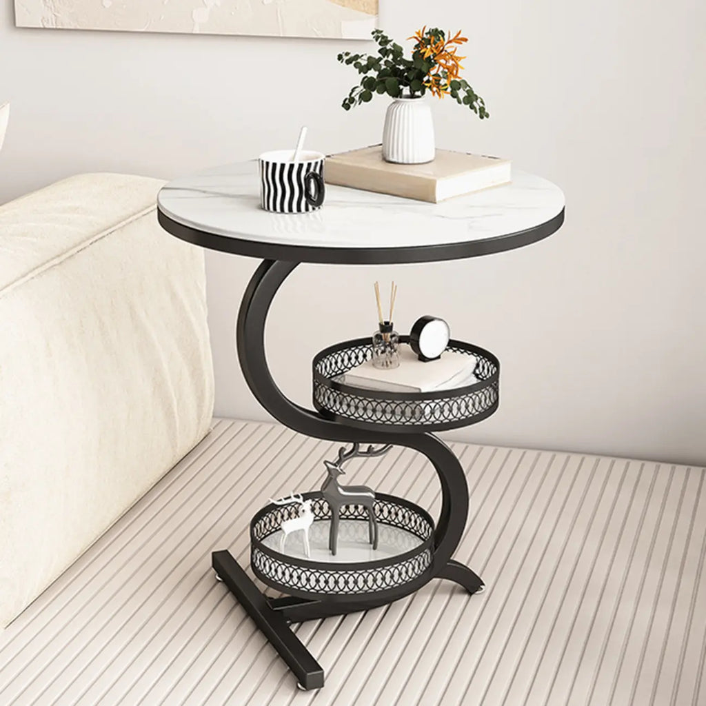 Table d'appoint de canapé en forme de S à 3 niveaux en pierre blanche avec rangement