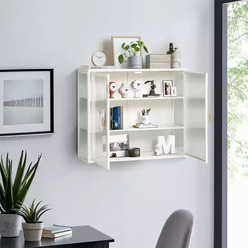 Meuble haut moderne à 2 portes Okak avec portes vitrées de rangement à 3 niveaux pour entrée/salle à manger/salon/cuisine