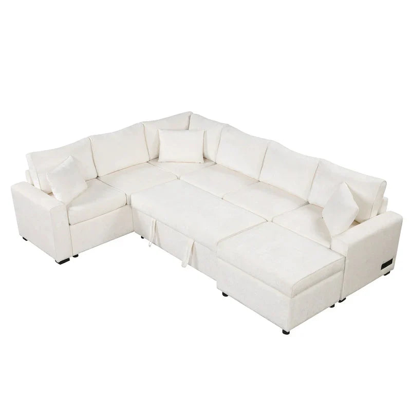 Canapé d'angle en chenille convertible, canapé-lit en forme de L avec pouf de rangement, 3 oreillers et dispositifs de charge