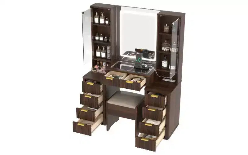 Ensemble de vanité moderne JVNOXK de 43,5 pouces avec miroir et lumière, doté de tiroirs et d'une armoire en verre transparent, inclut un tabouret et une station de recharge, marron