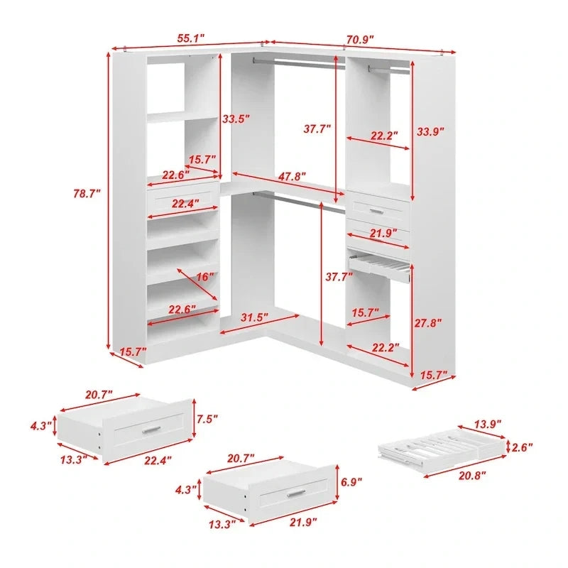 Armoire d'angle avec 2 tringles, un porte-pantalons et un rangement à chaussures
