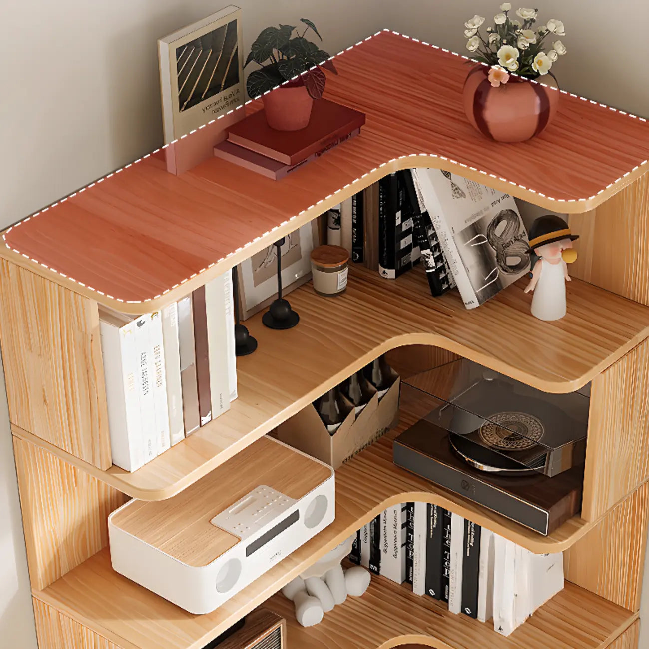 Bibliothèque verticale en bois en L à dos ouvert, finition naturelle
