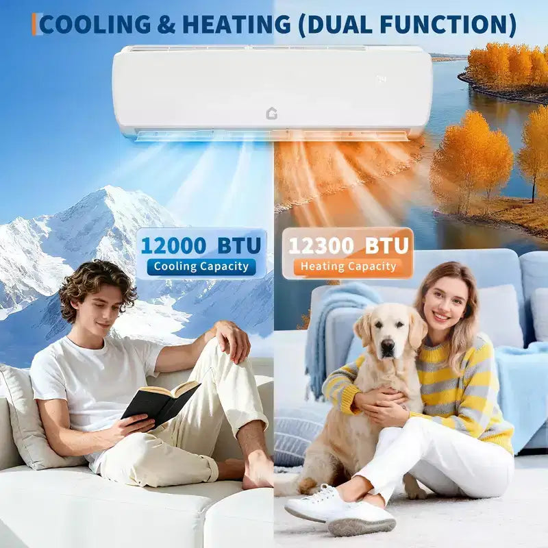 Climatiseur sans conduit bibloc ultra silencieux 42 dB | 12000 BTU 19 SEER avec pompe à chaleur | 3-en-1 : refroidissement, chauffage et déshumidification | Système de climatisation à onduleur 230 V blanc