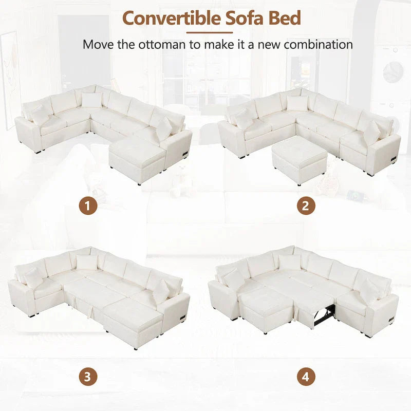 Canapé d'angle en chenille convertible, canapé-lit en forme de L avec pouf de rangement, 3 oreillers et dispositifs de charge