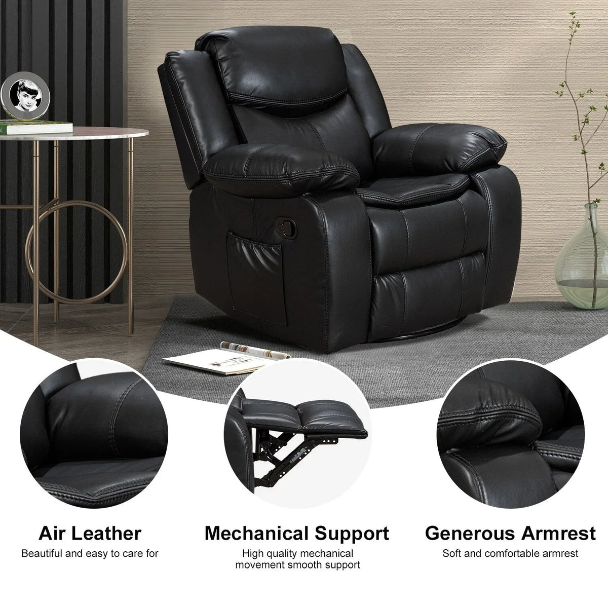 Fauteuil inclinable massant et chauffant en cuir, assise large et durable