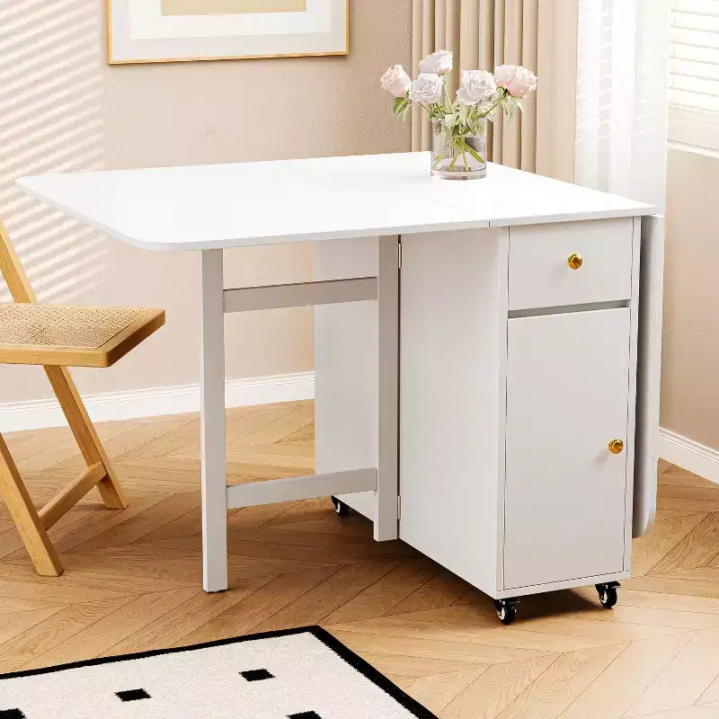 Table à manger pliante ATJafurn 59'' avec abattants pour petits espaces, table de cuisine rectangulaire en bois extensible avec roulettes et rangement