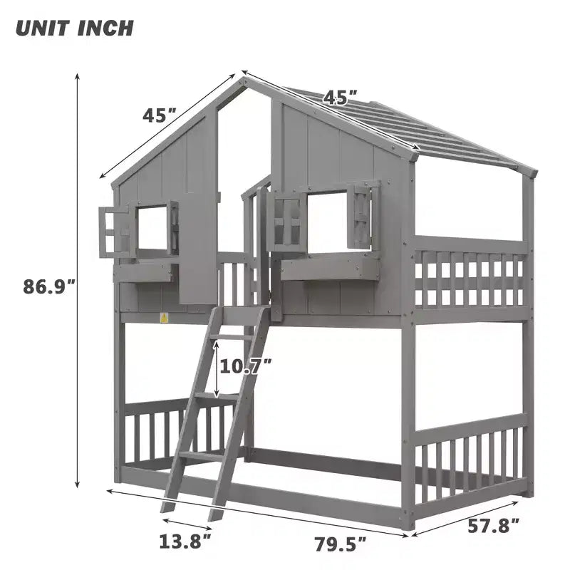 Lit mezzanine cabane de taille double, lit mezzanine cabane en bois avec échelle et barrières de sécurité pour enfants