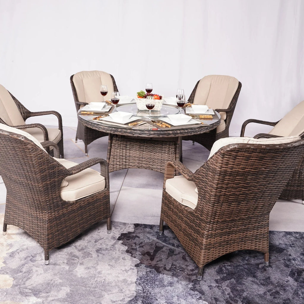 Ensemble de salle à manger rond 7 pièces en rotin tressé d'extérieur avec coussins par Moda Furnishings