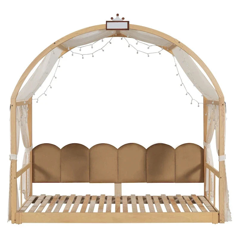 Lit cabane Montessori en bois massif avec plateforme, toit voûté et lit gigogne pour filles et garçons