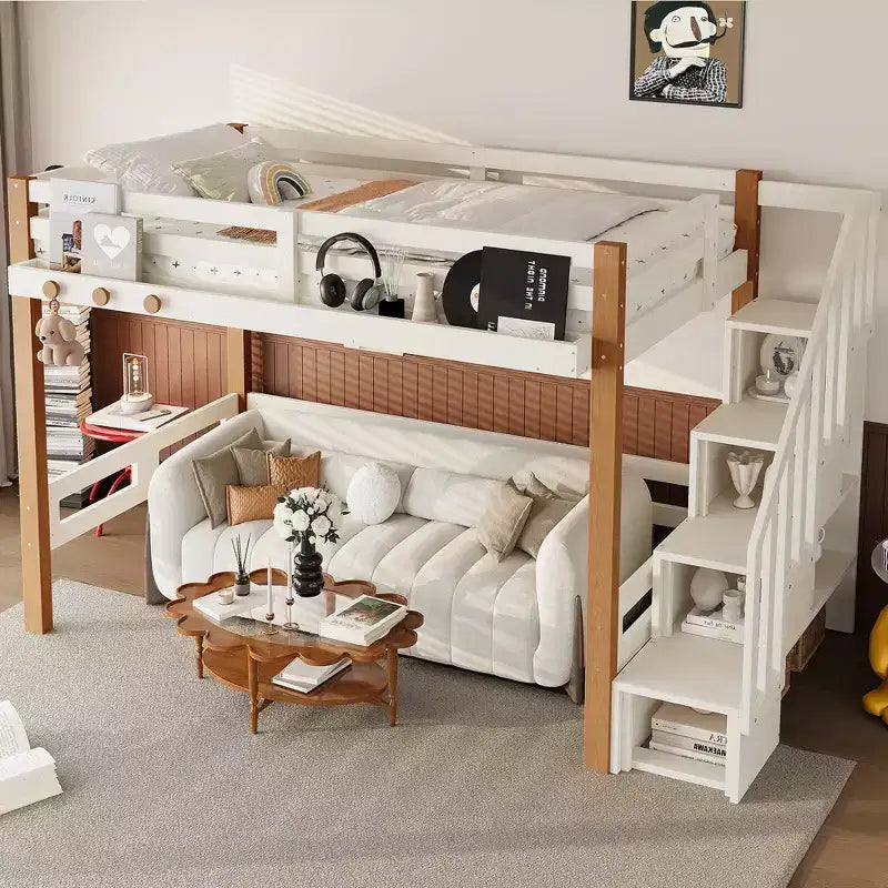 Lit mezzanine moderne avec crochet à vêtements, étagères de rangement et espace sous le lit
