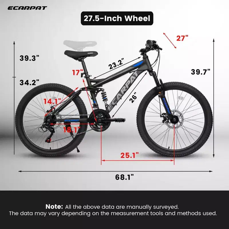 Vélo de montagne Okak 27,5 pouces avec double amortisseur avant et arrière, VTT 21 vitesses avec frein à disque mécanique, vélo adulte pour hommes et femmes