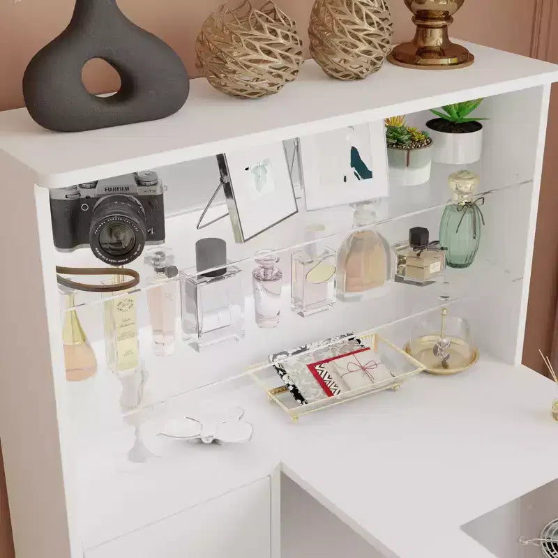 Table à ongles blanche avec extracteur de poussière intégré, écran en verre trempé, poignées dorées, poste de travail de salon de manucure, table de maquillage