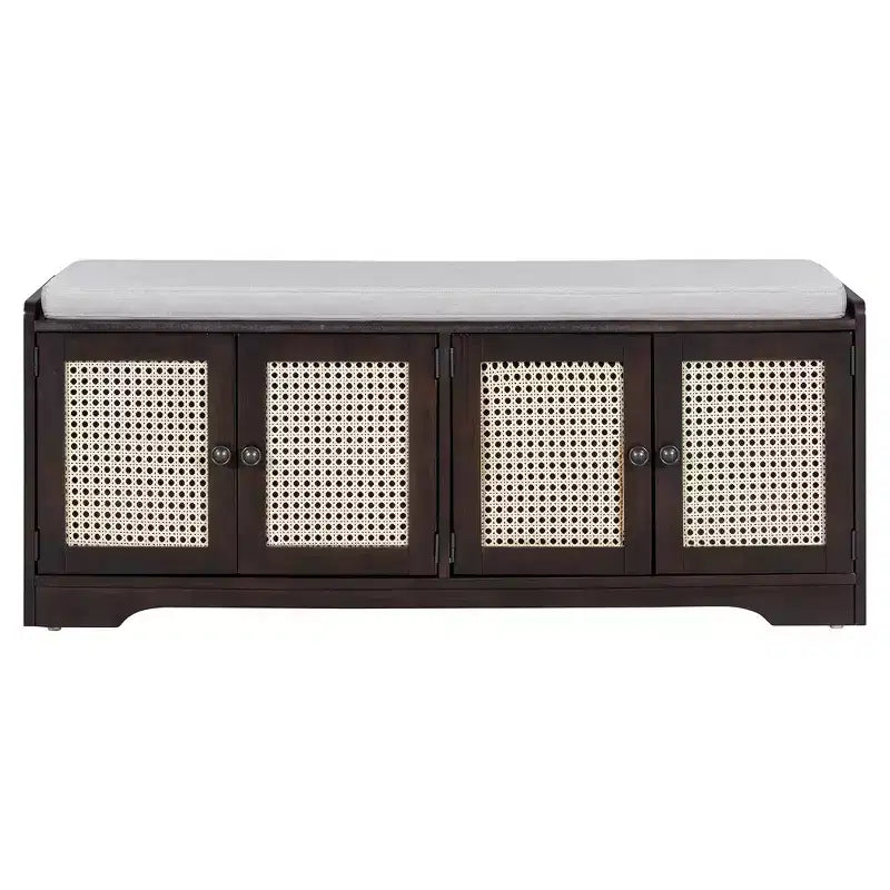 Banc de rangement rustique en bois Whisen, banc à chaussures d'entrée avec coussin amovible, étagères réglables