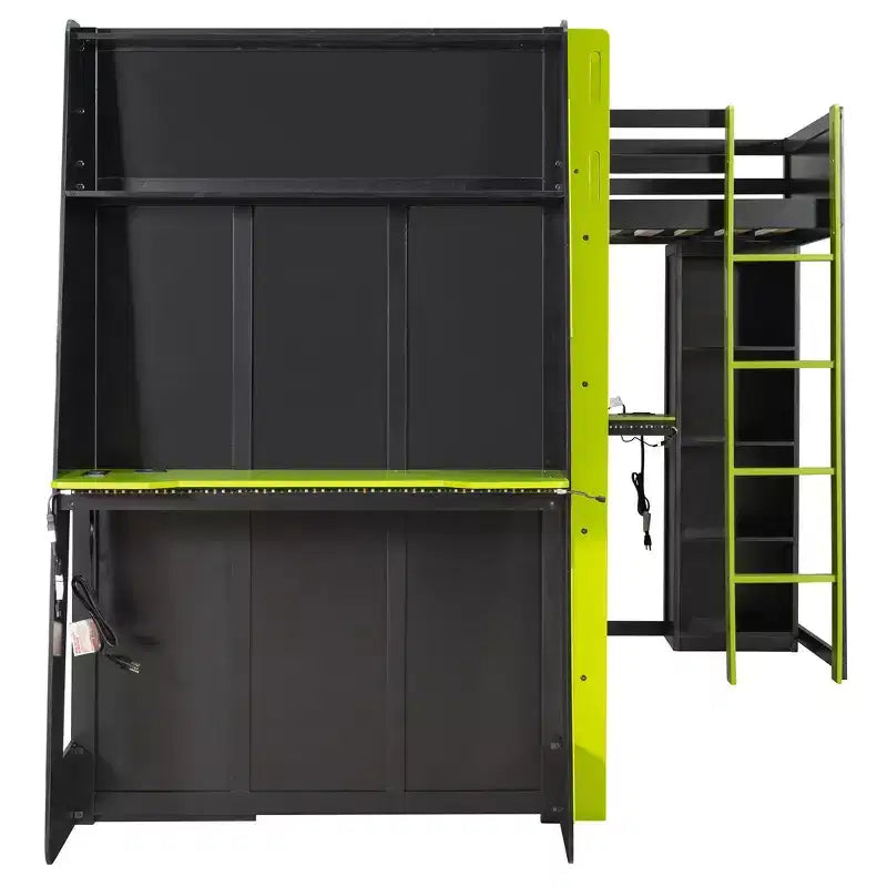 Lit mezzanine de jeu en L avec bureaux, lits superposés doubles avec lumières LED, ports USB, étagères de rangement, lit mezzanine d'angle en bois pour 2 personnes