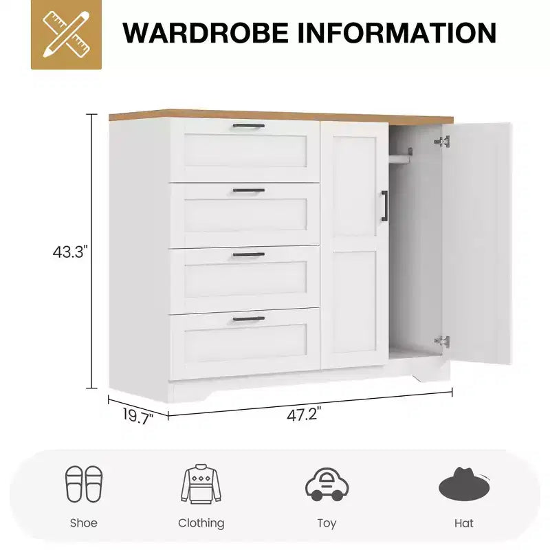 Armoire de chambre en bois de 110 cm (43,3 po) avec 4 tiroirs et tringle à vêtements, commode de rangement multifonctionnelle pour vêtements