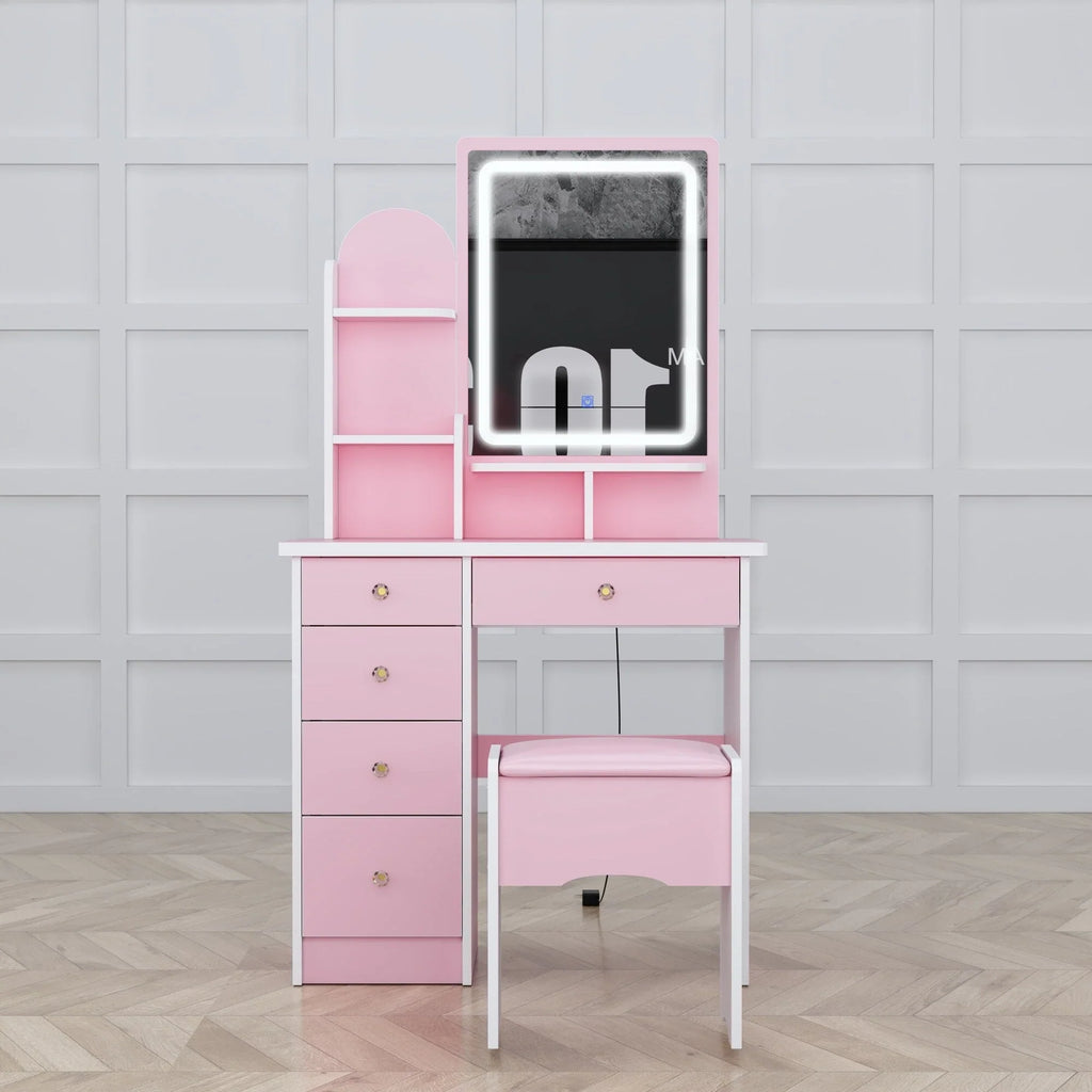 Coiffeuse avec miroir LED intégré et tabouret