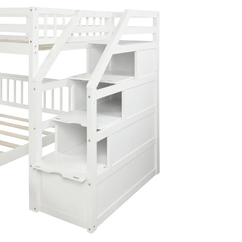 Lit mezzanine double sur lit double en bois avec escalier, balustrades hautes et échelle