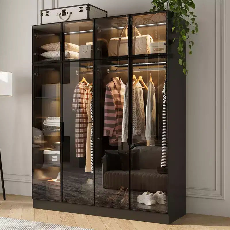 Armoire de luxe Hitow Pure Black avec portes en verre trempé, armoire LED 3 couleurs, organisateur de placard de chambre du sol au plafond, placard de dressing