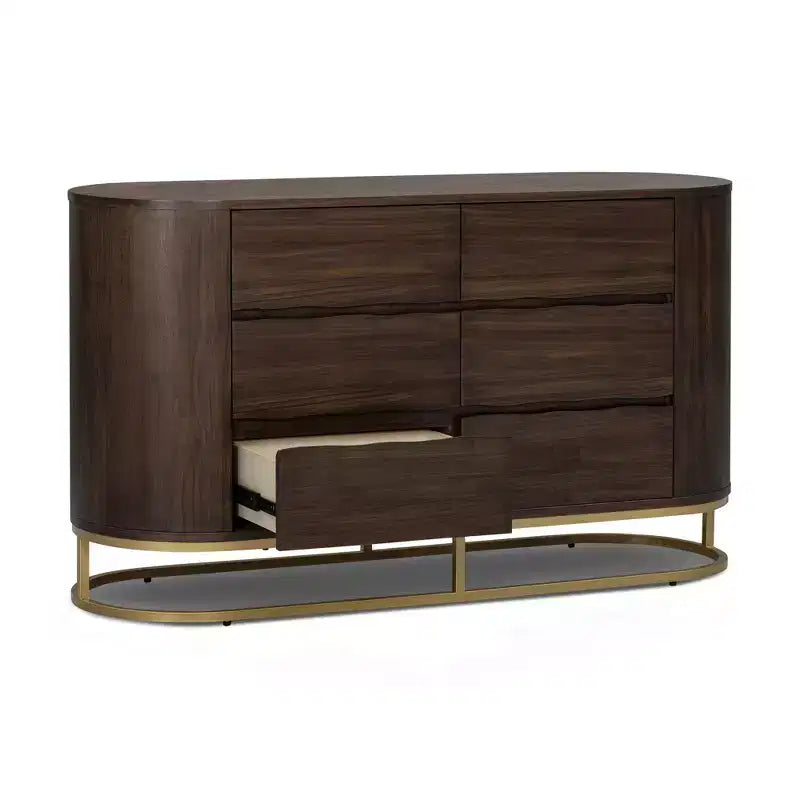 Commode moderne à 6 tiroirs avec plateau Live Edge, piètement en métal et construction en bois mélangé durable