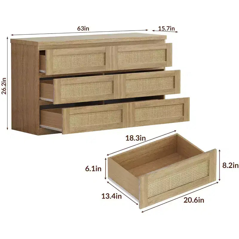 Commode en rotin pour chambre à coucher avec 6 tiroirs, 47 commode large moderne de style ferme, armoire de rangement en bois pour placard, salon, couloir