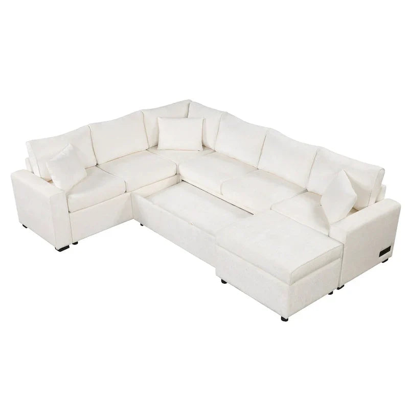 Canapé d'angle en chenille convertible, canapé-lit en forme de L avec pouf de rangement, 3 oreillers et dispositifs de charge