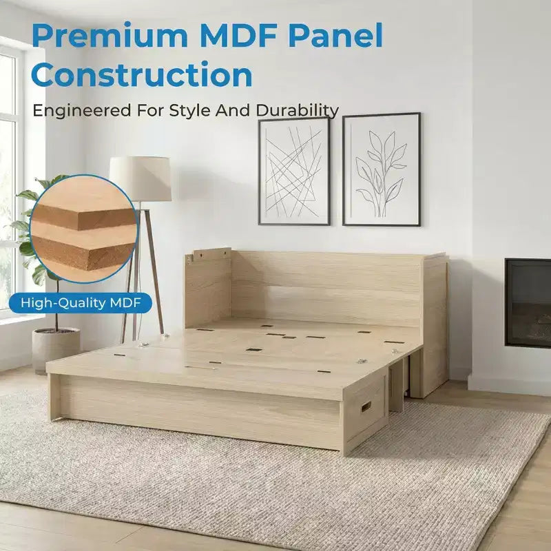 Lit escamotable convertible Queen Size Mjkone avec matelas, chargement USB, tiroirs de rangement